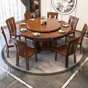 新中式实木餐桌带转盘10人家用吃饭大圆桌子仿古雕花圆餐桌椅组合