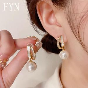 法式白贝珍珠耳环女925银针耳针耳坠小众简约几何气质高级耳饰