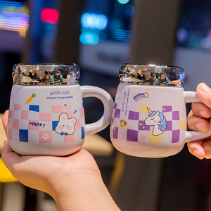 镜面拧盖陶瓷马克杯紫色茶杯女生男孩儿童水杯家用带盖子牛奶杯子