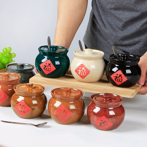 复古陶瓷调味罐家用调味盒盐罐厨房单个带盖福字辣椒油罐瓦罐汤罐