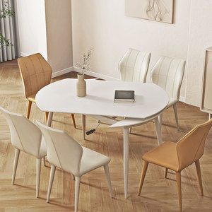 奶油风岩板餐桌椅可伸缩旋转折叠现代简约轻奢小户型家用白色桌子