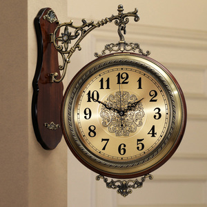 美式客厅双面挂钟客厅欧式实木金属创意时尚现代钟表静音日本丽声