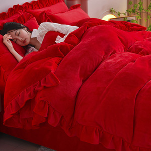 冬季床裙款加厚牛奶绒床上四件套双面绒被套珊瑚法兰绒床单大红色