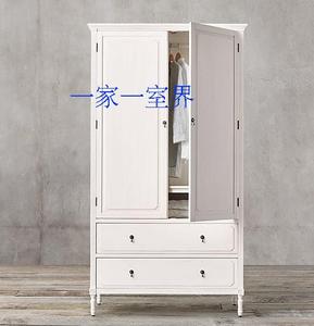 美式复古实木衣柜两门储物柜法式做旧简约白色收纳柜现代卧室衣橱