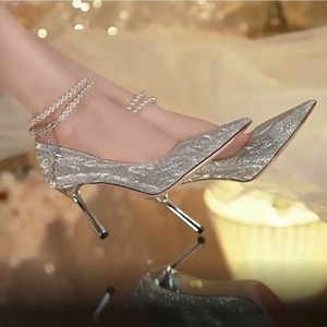 婚纱婚鞋新娘法式银色高跟鞋2024年新款设计感小众18岁成人礼细跟
