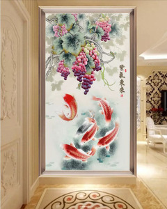 3d中式手绘紫气东来葡萄鲤鱼九鱼图贴纸玄关墙贴入户进门自粘贴画