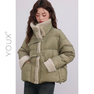 YOUX【抹茶蛋糕卷】加绒绿色羽绒服女2023冬新款复古立领保暖外套