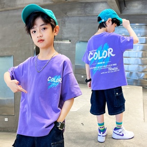 男童夏装短袖t恤儿童紫色半袖体恤衫2024新款男孩洋气夏季上衣潮
