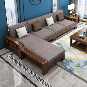 新中式全实木沙发小户型客厅转角简约现代经济型带拉床木沙发组合