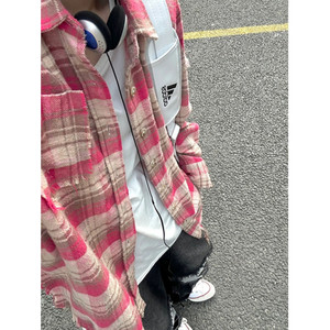 毛边粉红色格子控衬衫男生美式复古痞帅hiphop高级感格纹衬衣长袖