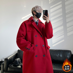 中长款新年红色毛呢大衣男韩版潮流本命年冬季外套高级感休闲上衣