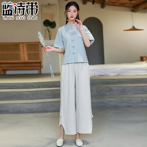 夏季中国风复古盘扣棉麻蓝色短袖上衣采耳工作茶服女改良汉服套装