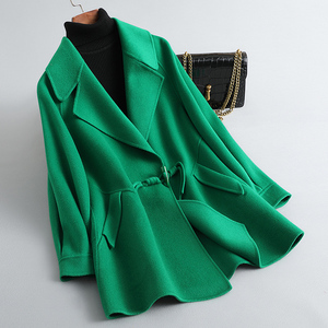 绿色双面羊绒大衣女中长款2024春新款宽松韩版小个子羊毛呢子外套