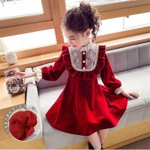 女童红色蕾丝连衣裙秋冬装2021新款儿童加绒韩版洋气丝绒公主裙子
