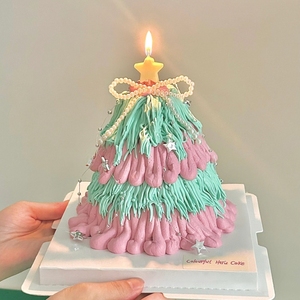 2023新款圣诞树许愿树蛋糕装饰五角星蜡烛插件珍珠蝴蝶结烘焙配件
