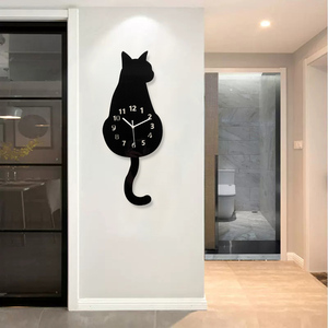 摇尾猫咪挂钟创意静音表猫咪钟表家用客厅猫时钟卡通猫摇摆挂钟