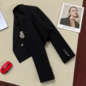 黑色超短西装外套女2024年春秋新款设计感百搭休闲气质小个子西服