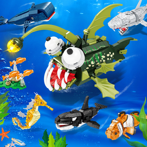 开智积木海洋鲨鱼海马虎鲸小丑鱼鲸鱼灯笼鱼组装模型儿童拼装玩具