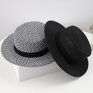 黑白帽子女夏季英伦复古透气镂空编织草帽海边遮阳防晒出游度假帽