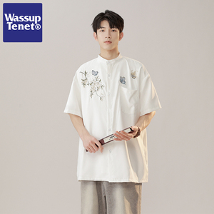 Wassup tenet新中式中国风短袖衬衫男夏季冰丝花灰刺绣立领衬衣潮