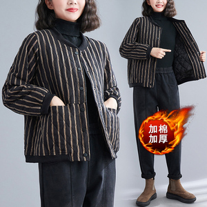 夹棉加厚棒球服棉衣外套女冬季宽松大码休闲百搭条纹短款棉服上衣