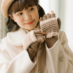 手套女秋冬季可爱保暖翻盖两用半指毛线软妹学生韩版日系露指写字