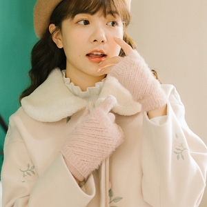 韩版保暖毛线手套女秋冬可爱日系两用半指五指两件套加厚双层学生
