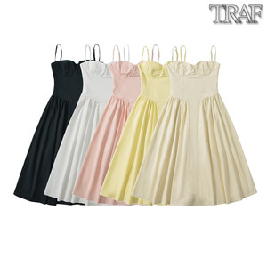 TRAF 欧美风外贸女装新款时尚百搭纯色收腰显瘦吊带连衣裙