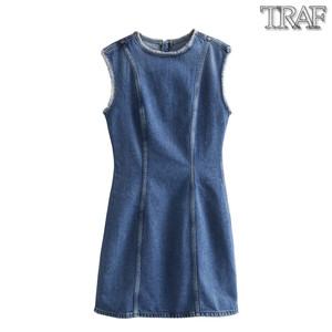 TRAF 欧美风外贸女装新款时尚休闲拼接式无袖牛仔连衣裙