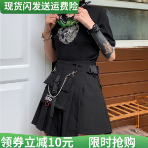 原宿风半身裙女春夏大码高腰显瘦口袋工装裙不规则百褶裙短裙裤裙