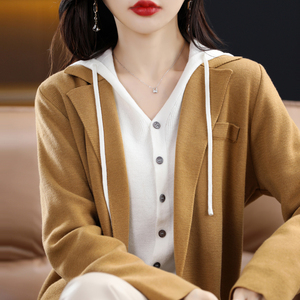 羊毛短款外套女秋冬新款西装领外搭上衣宽松纯色长袖羊绒针织开衫