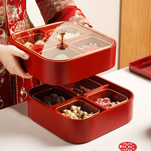 新中式实木红色喜庆糖果盒家用客厅干果盘新年结婚乔迁零食收纳盒