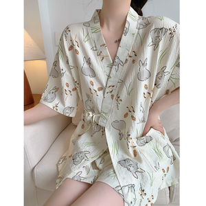 睡衣女夏季短袖梭织棉纱汗蒸服日式和服开衫薄款家居服可外穿套装