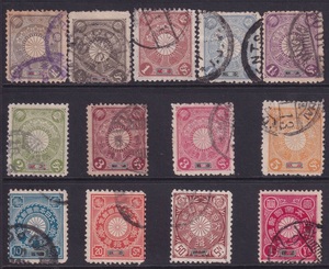 清朝客邮日本在华客邮-1900-07年日1 菊型加盖邮票旧票13枚不同.