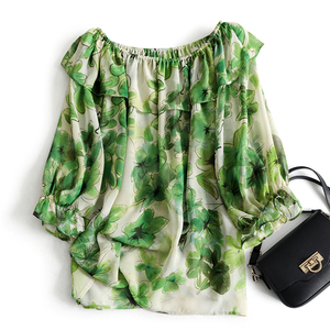 一字肩大圆领绿色显白碎花衬衫女设计感小众夏季短袖t恤印花上衣