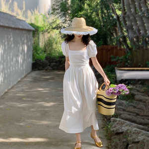 法式白色连衣裙女2024新款春夏秋季方领超仙泡泡袖气质小个子长裙