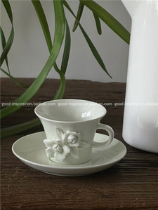 白玉色法式浮雕纯手工捏制立体花咖啡陶瓷杯碟花茶杯点心碟 复古