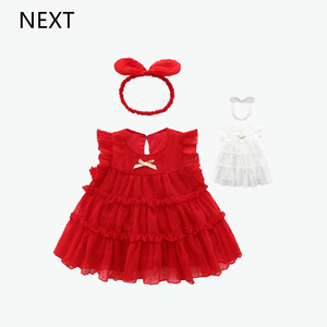 英国NEXT童装一周岁女孩夏季公主洋气红色连衣裙女宝宝生日宴礼服