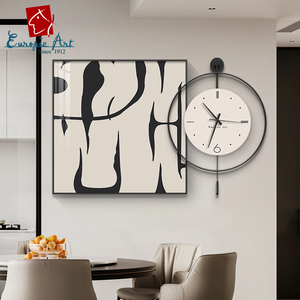 现代餐厅装饰画带时钟家用钟表简约高档客厅挂钟壁画艺术挂墙挂画