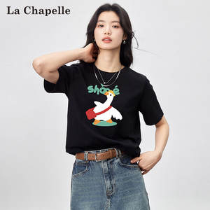 拉夏贝尔短袖T恤女2024夏季新款可爱卡通宽松时尚圆领上衣打底衫