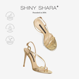 Shiny Shara/诗莎夏季新款金色露趾一字带细跟高跟鞋时装凉鞋 女
