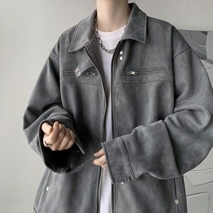 欧美高街hiphop外套男春秋设计感拉链麂皮绒夹克春季美式休闲衣服