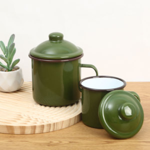 0.5铁加厚军绿搪瓷杯复古老式怀旧杯子水杯茶缸带把手带盖大容量