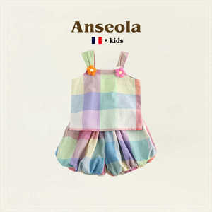 法国ANSEOLA女童彩格短裤套装夏新休闲气儿童装女宝宝甜美两件套