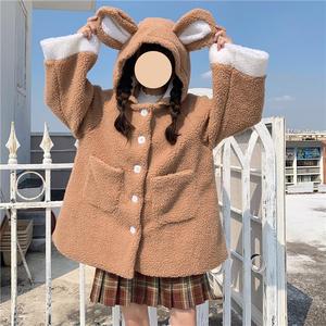 冬季日系女学生可爱学院风羊羔毛绒加厚保暖宽松耳朵连帽外套大衣