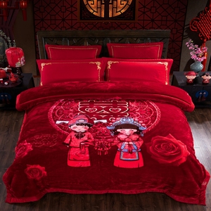 婚庆拉舍尔毛毯双层加厚云毯冬季大红色盖毯结婚毯子床上用品被子