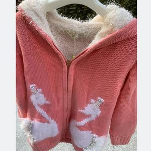 女童针织衫毛衣 卡尔菲特童装粉色加绒开衫上衣外套女孩秋冬衣服