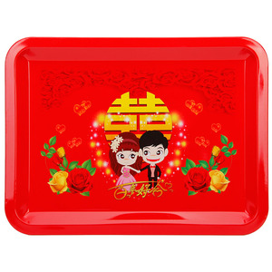 婚宴用品托盘结婚中式敬茶盘喜庆红色方形水果盘搪瓷不绣钢糖盘子