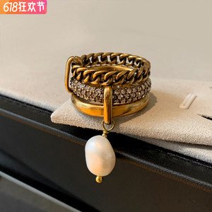 欧美复古多层巴洛克珍珠戒指女小众设计轻奢时尚个性金色食指指环