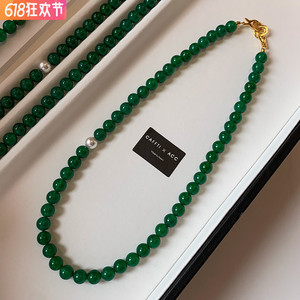 新中式天然绿色玉髓玛瑙石施家珍珠项链女轻奢小众高级感锁骨颈链